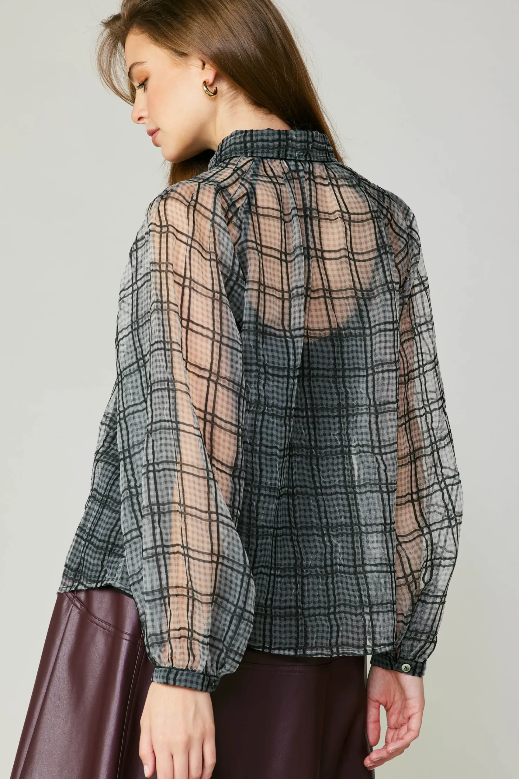 Sale Windowpane Plaid Sheer Blouse Women Long Sleeve Tops