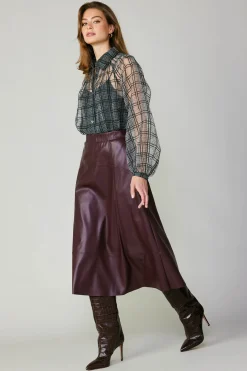 Sale Windowpane Plaid Sheer Blouse Women Long Sleeve Tops