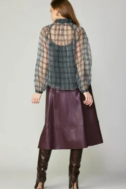 Sale Windowpane Plaid Sheer Blouse Women Long Sleeve Tops