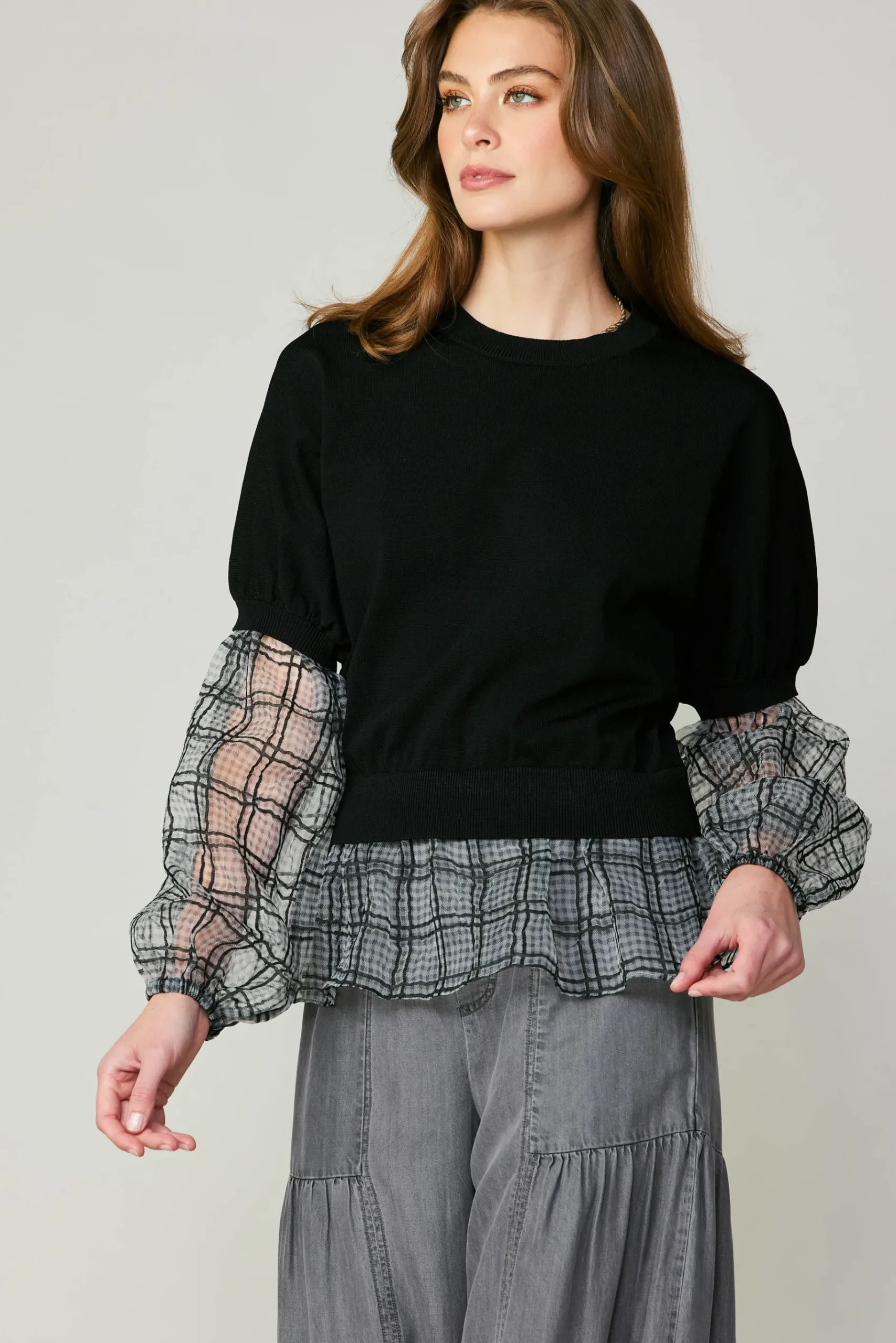 Sale Windowpane Plaid Sweater Top Women Long Sleeve Tops | Sweaters