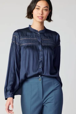 Hot Yoke Lace Blouse Women Long Sleeve Tops